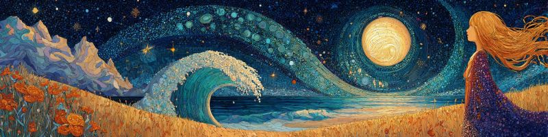 Nuit ciel lune etoiles vagues ocean montagnes fleurs fantaisie onirique surrealisme sombre espace univers Dans le tableau, une femme aux longs cheveux flottants se tient dans un champ d'herbe haute sous un ciel nocturne. Elle regarde vers la droite, peut-être la lune. La lune est pleine et brillante, entourée d'un halo d'étoiles. Le ciel est d'un bleu profond, avec une galaxie tourbillonnante en arrière-plan. Les vagues de l'océan s'écrasent contre le rivage, avec une grande vague au premier plan. Les montagnes au loin sont en silhouette contre le ciel nocturne. Le tableau a une qualité onirique et surréaliste, avec un sentiment d'émerveillement et d'admiration.