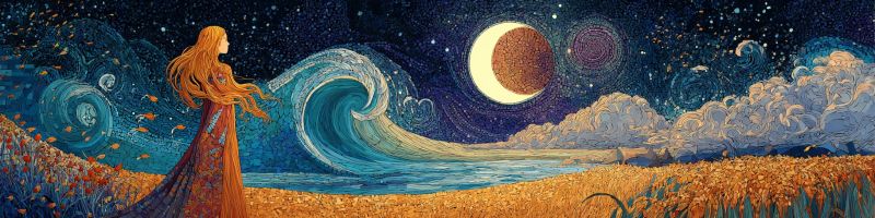 Nuit ciel lune vague eau nuages etoiles champ fleurs femme robe cheveux fantaisie Dans le tableau, une femme aux cheveux longs et flottants se tient dans un champ de blé doré sous un ciel nocturne. Elle porte une longue robe fluide qui se confond avec les couleurs du blé. Le ciel est rempli d'étoiles, et une grande lune lumineuse est partiellement éclipsée. La lune est entourée d'un anneau de lumière, et il y a des nuages dans le ciel. Au loin, il y a une grande vague dans l'océan, et l'eau est d'un bleu profond. Le tableau a une qualité onirique et surréaliste, avec un sentiment de mouvement et d'énergie.