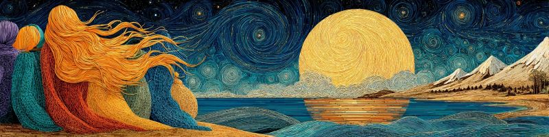 Nuit ciel lune etoiles eau montagnes plage reflet nuages vagues arbres rochers Trois figures aux cheveux longs et flottants sont assises sur le rivage d'un plan d'eau serein sous un vaste ciel nocturne étoilé. La figure centrale a des cheveux dorés qui cascadent, tandis que les deux autres figures ont des cheveux plus foncés. Elles sont tournées vers la lune, pleine et brillante, reflétant sa lumière sur l'eau. L'eau est calme, avec de douces ondulations. En arrière-plan, il y a des montagnes aux sommets enneigés, et le ciel est rempli d'étoiles, créant une atmosphère tranquille et mystique.
