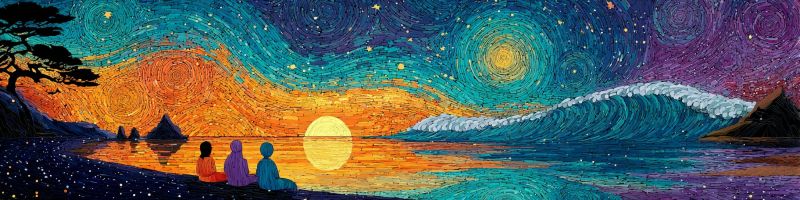 Nuit ciel etoiles coucher soleil ocean vague plage gens assis atmosphere maussade reflet sombre Scène de plage sereine la nuit. Trois personnes sont assises sur le rivage, face à l'océan. Le ciel est un mélange vibrant de bleus, de violets et de jaunes, avec des motifs tourbillonnants rappelant une nuit étoilée. Le soleil se couche ou se lève, projetant une chaleur douce sur l'eau et le ciel. L'océan est calme, avec une grande vague approchant du rivage. Au premier plan se trouve un arbre aux feuilles vert foncé, et au loin, il y a des silhouettes de petites îles. Toute la scène est peinte dans un style mosaïque, chaque bloc de couleur ajoutant texture et profondeur à l'oeuvre