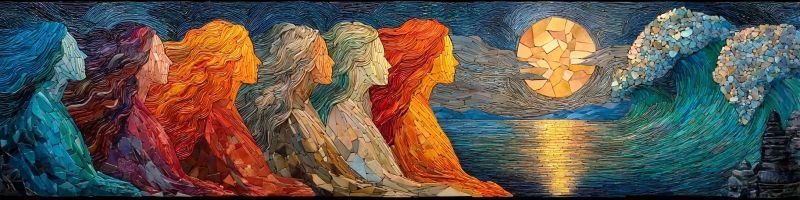 Mosaique femmes colorees vagues ocean mer soleil ciel nuit decoratif geometrique texture Oeuvre en mosaïque représentant cinq femmes debout en rangée, chacune avec des cheveux flottants. Les femmes sont positionnées devant un fond de scène océanique sereine. La première femme à gauche a des cheveux bleus et porte une robe bleue. La deuxième femme a des cheveux rouges et porte une robe rouge. La troisième femme a des cheveux blonds et porte une robe blanche. La quatrième femme a des cheveux foncés et porte une robe sombre. La cinquième femme à droite a des cheveux roux flamboyants et porte une robe orange. Derrière elles, les vagues de l'océan sont représentées dans des nuances de bleu et de vert, avec une grande vague en arrière-plan. Le ciel est peint avec un grand soleil brillant au centre, entouré d'une mosaïque de couleurs chaudes. La scène générale est vibrante et colorée, avec un sentiment de mouvement et d'énergie