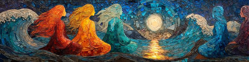 Mosaique coloree vagues ocean soleil nuit ciel reflexion eau fantaisie onirique texture Mosaïque représentant une scène d'océan sereine au coucher du soleil. Au premier plan, il y a trois figures, chacune avec des cheveux flottants et des couleurs vibrantes. La figure de gauche a des cheveux rouges ardents et porte une robe orange chaude, se fondant dans les teintes du coucher du soleil. La figure du milieu a des cheveux dorés et porte une robe qui passe de l'orange au jaune, reflétant les couleurs du coucher du soleil. La figure de droite a des cheveux bleu foncé et porte une robe qui passe du bleu au vert, se fondant dans les teintes de l'océan. L'arrière-plan montre une grande vague complexe faite de carreaux bleus et blancs, avec un soleil brillant au centre, entouré d'un motif circulaire de carreaux. Le ciel est un mélange de bleu et d'orange, créant une atmosphère paisible et harmonieuse.