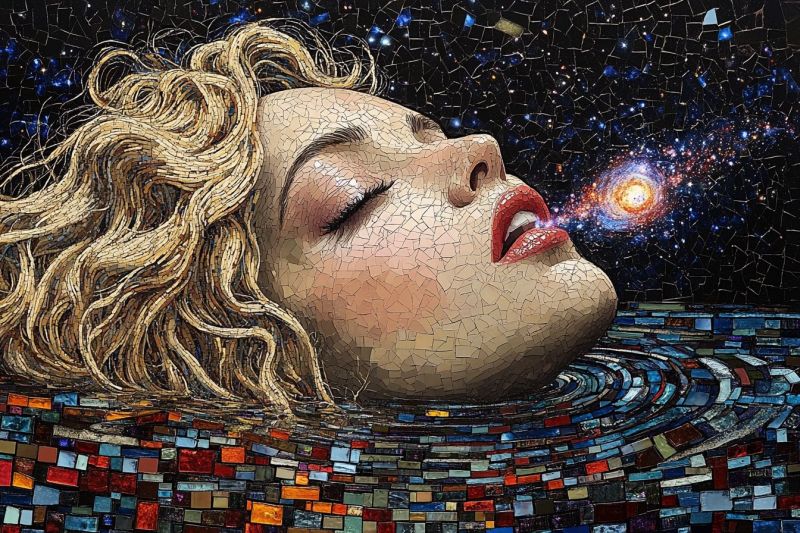 Painting mosaic blonde curly cosmic godess transcending accurate picture amazing demonstrating the mischiefs wild of human activities on la painting mosaic blonde curly cosmic godess transcending