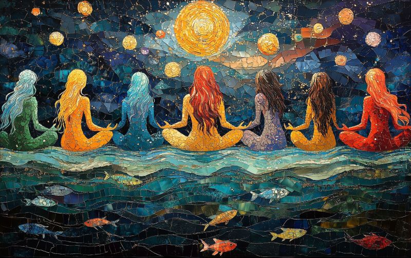 Painting mosaic  various womens meditating long hair accurate picture amazing demonstrating the mischiefs wild of human activities on la painting mosaic  various womens meditating long hair