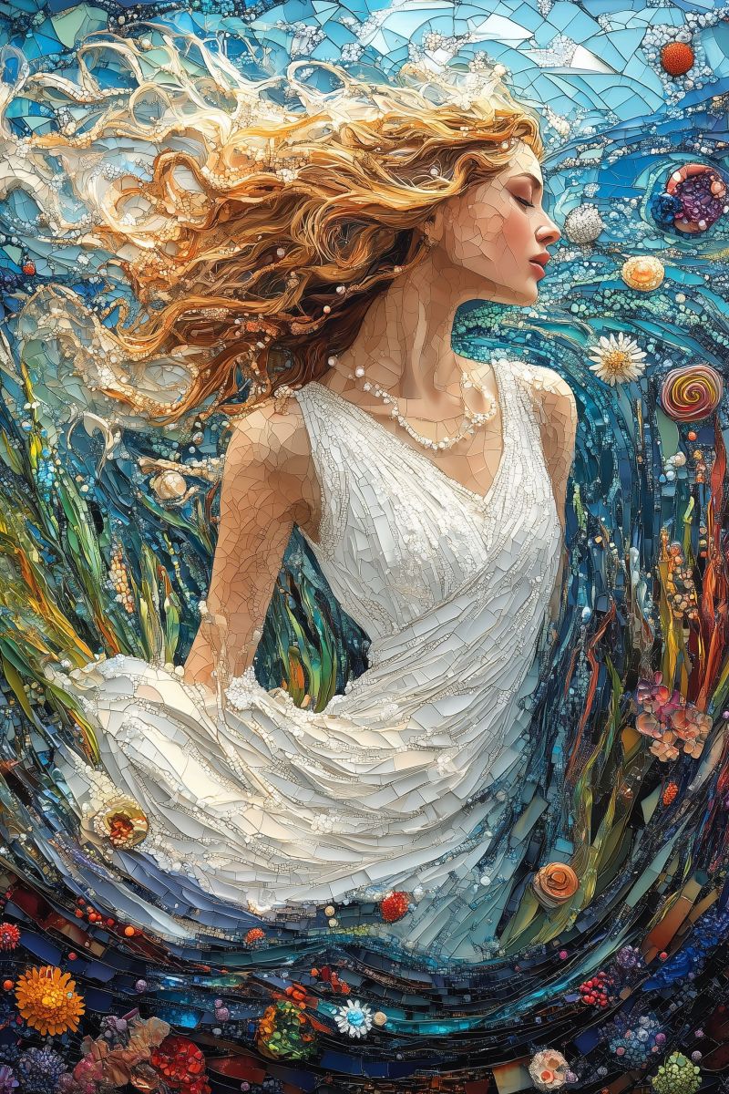 Painting mozaic cosmic godess white dress blonde curl accurate picture amazing demonstrating the mischiefs wild of human activities on la painting mozaic cosmic godess white dress blonde curl