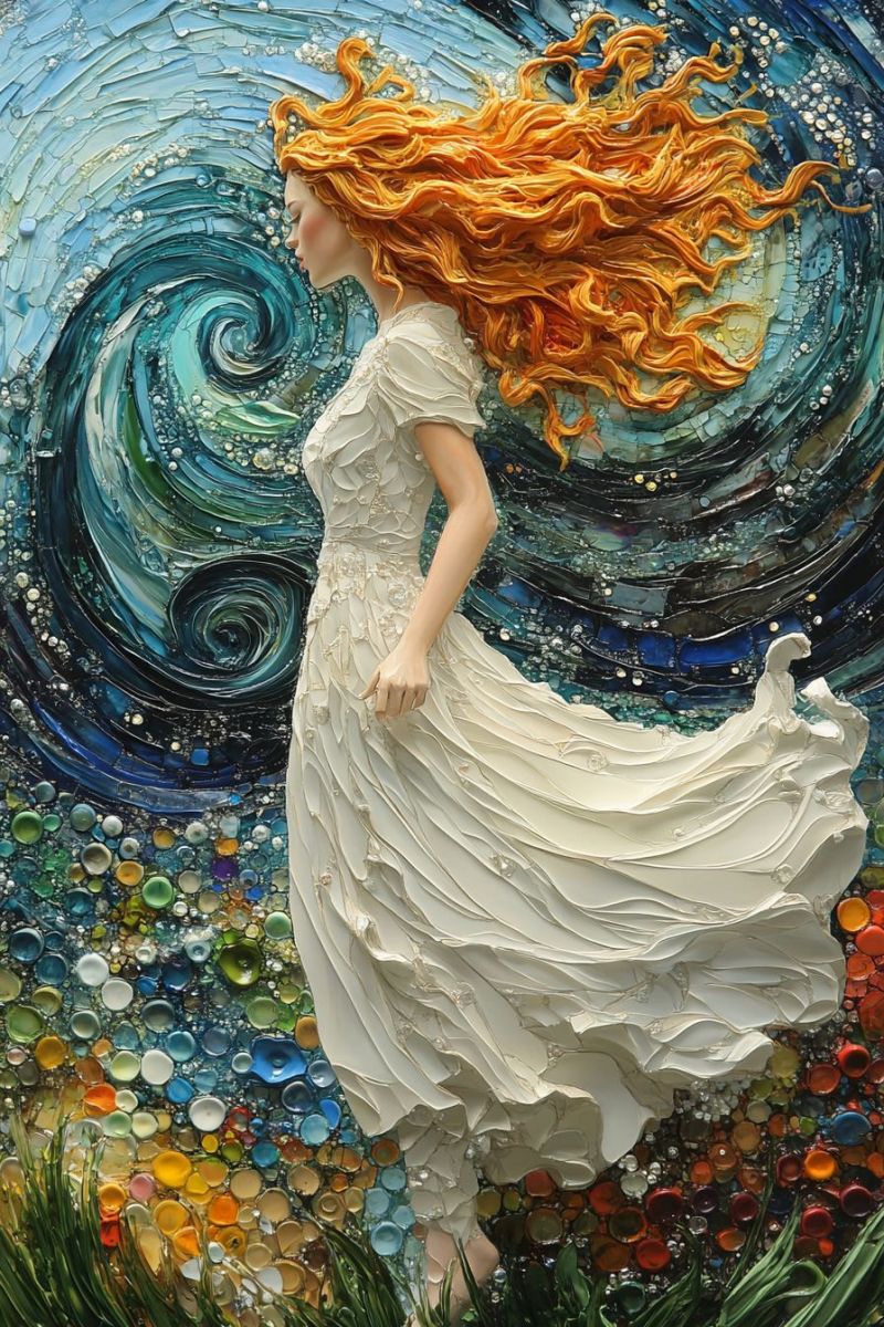 Painting mozaic cosmic godess white dress blonde curl accurate picture amazing demonstrating the mischiefs wild of human activities on la painting mozaic cosmic godess white dress blonde curl