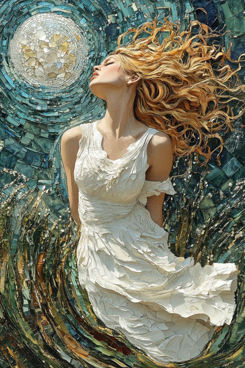 Painting mozaic cosmic godess white dress blonde curl accurate picture amazing demonstrating the mischiefs wild of human activities on la painting mozaic cosmic godess white dress blonde curl