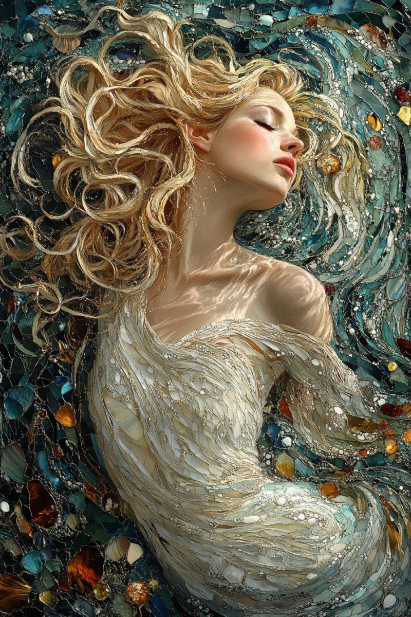 Painting mozaic cosmic godess white dress blonde curl accurate picture amazing demonstrating the mischiefs wild of human activities on la painting mozaic cosmic godess white dress blonde curl