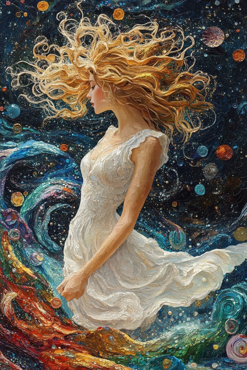 Painting mozaic cosmic godess white dress blonde curl accurate picture amazing demonstrating the mischiefs wild of human activities on la painting mozaic cosmic godess white dress blonde curl