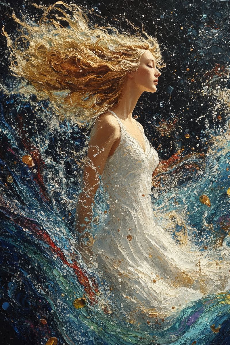 Painting mozaic cosmic godess white dress blonde curl accurate picture amazing demonstrating the mischiefs wild of human activities on la painting mozaic cosmic godess white dress blonde curl