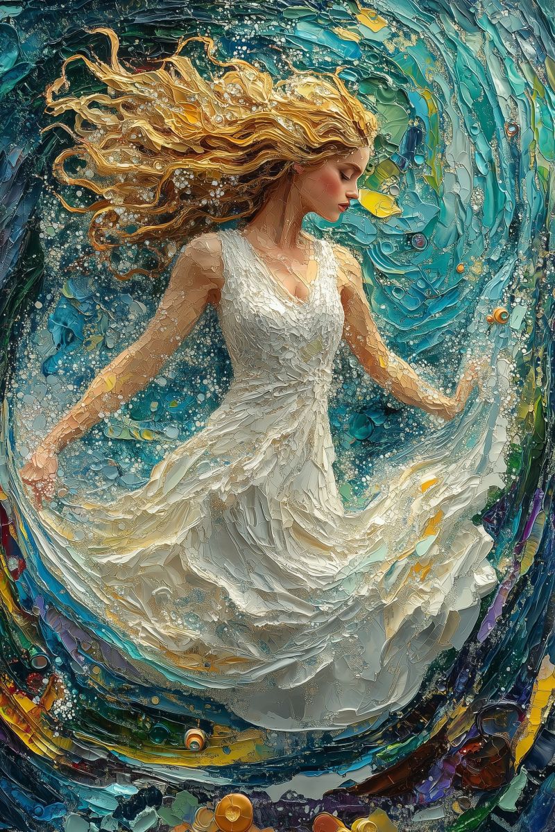 Painting mozaic cosmic godess white dress blonde curl accurate picture amazing demonstrating the mischiefs wild of human activities on la painting mozaic cosmic godess white dress blonde curl