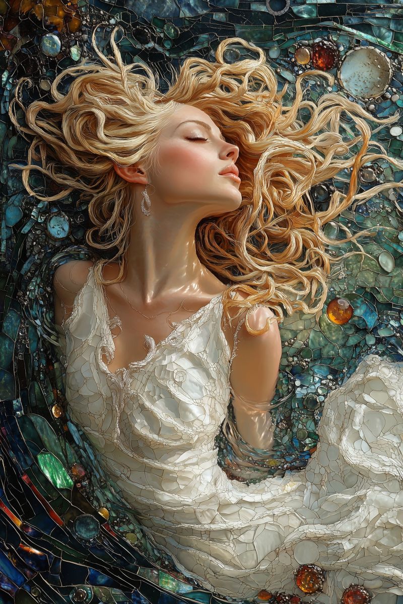 Painting mozaic cosmic godess white dress blonde curl accurate picture amazing demonstrating the mischiefs wild of human activities on la painting mozaic cosmic godess white dress blonde curl