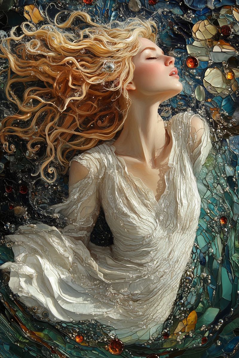 Painting mozaic cosmic godess white dress blonde curl accurate picture amazing demonstrating the mischiefs wild of human activities on la painting mozaic cosmic godess white dress blonde curl