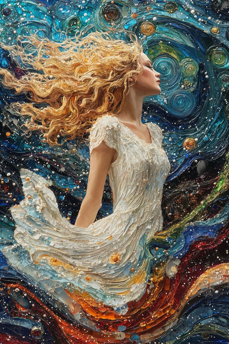 Painting mozaic cosmic godess white dress blonde curl accurate picture amazing demonstrating the mischiefs wild of human activities on la painting mozaic cosmic godess white dress blonde curl