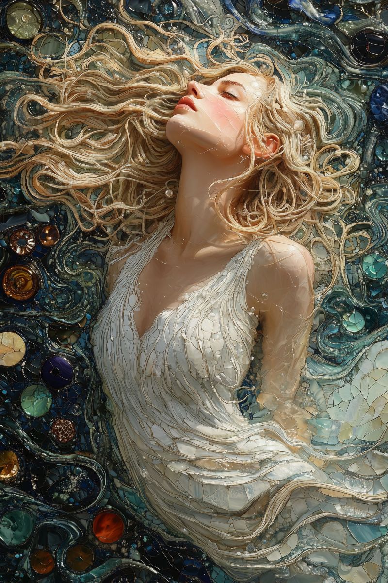 Painting mozaic cosmic godess white dress blonde curl accurate picture amazing demonstrating the mischiefs wild of human activities on la painting mozaic cosmic godess white dress blonde curl