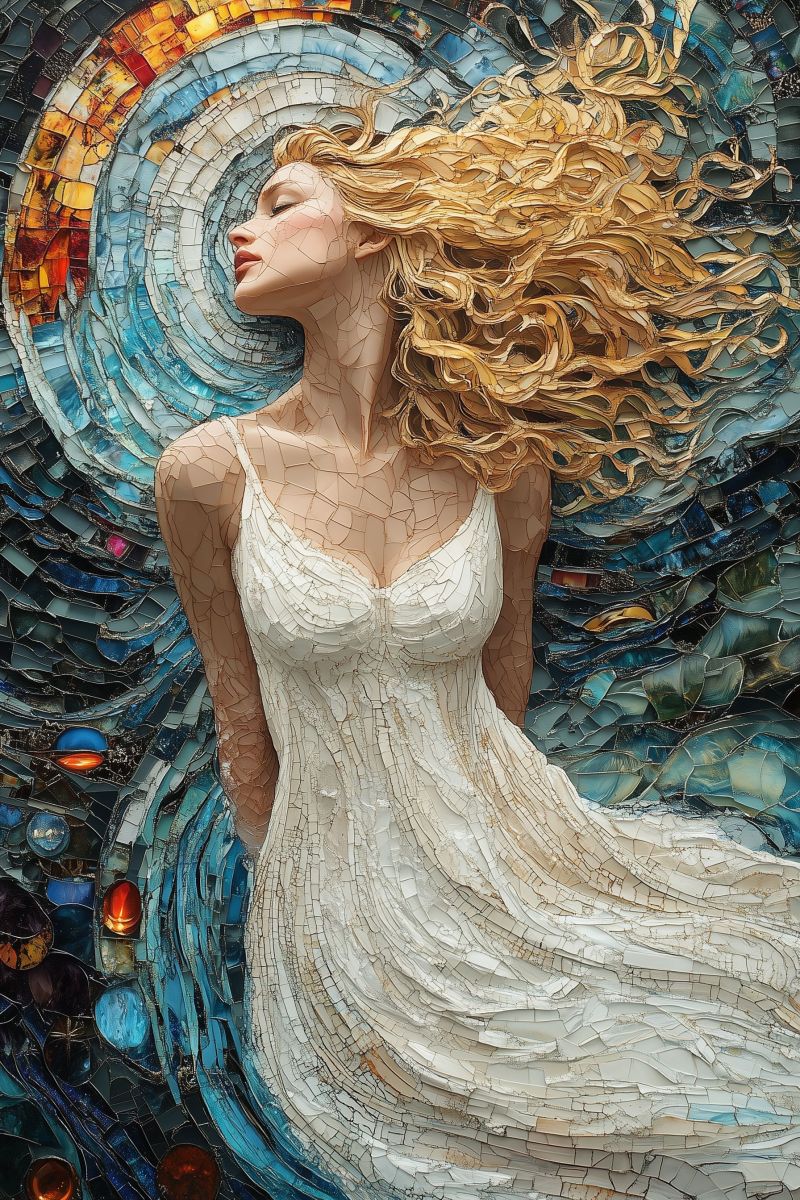 Painting mozaic cosmic godess white dress blonde curl accurate picture amazing demonstrating the mischiefs wild of human activities on la painting mozaic cosmic godess white dress blonde curl