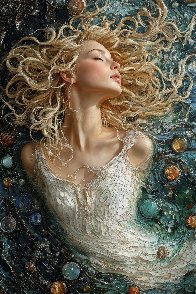 Painting mozaic cosmic godess white dress blonde curl accurate picture amazing demonstrating the mischiefs wild of human activities on la painting mozaic cosmic godess white dress blonde curl