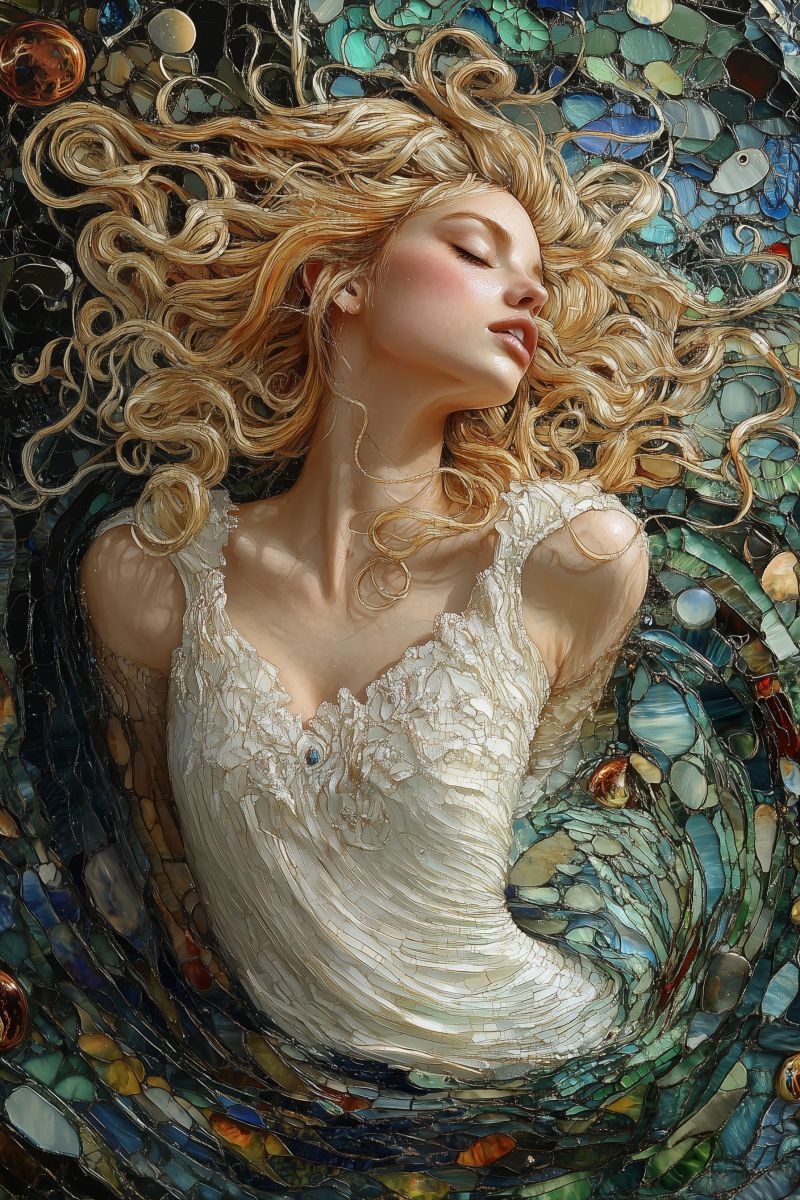 Painting mozaic cosmic godess white dress blonde curl accurate picture amazing demonstrating the mischiefs wild of human activities on la painting mozaic cosmic godess white dress blonde curl