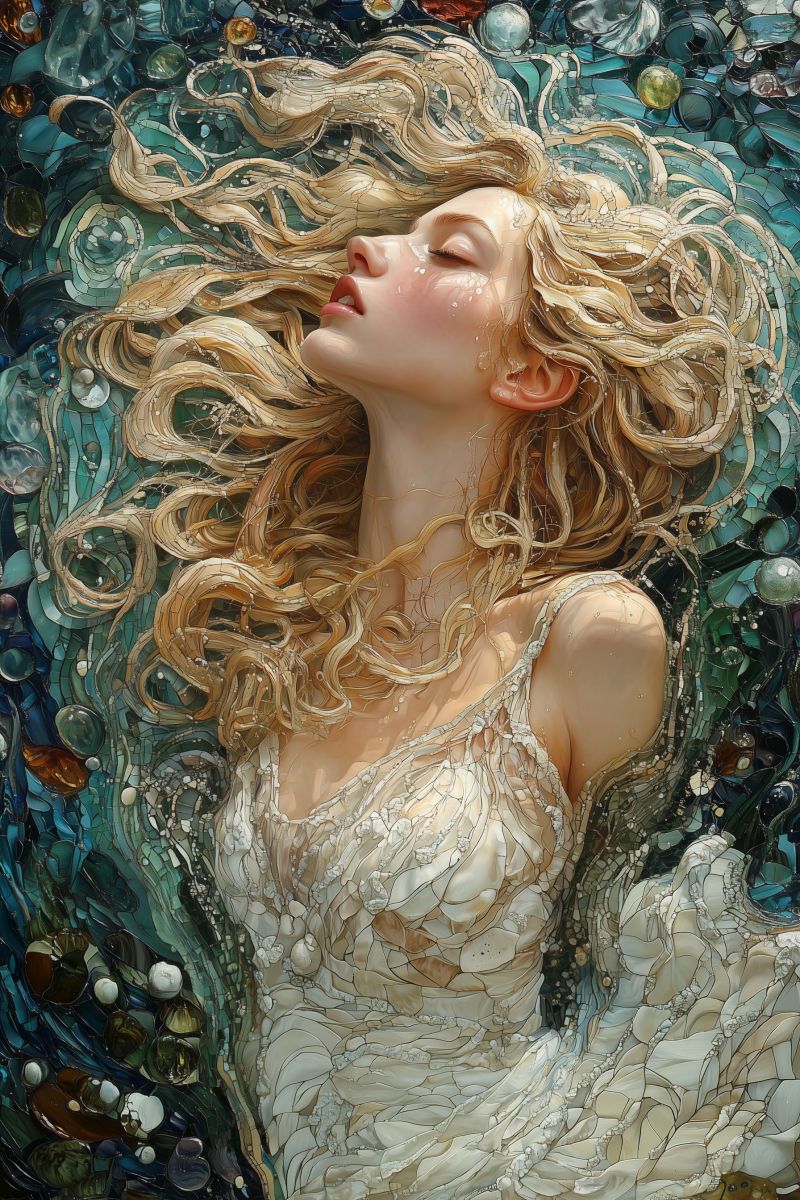 Painting mozaic cosmic godess white dress blonde curl accurate picture amazing demonstrating the mischiefs wild of human activities on la painting mozaic cosmic godess white dress blonde curl