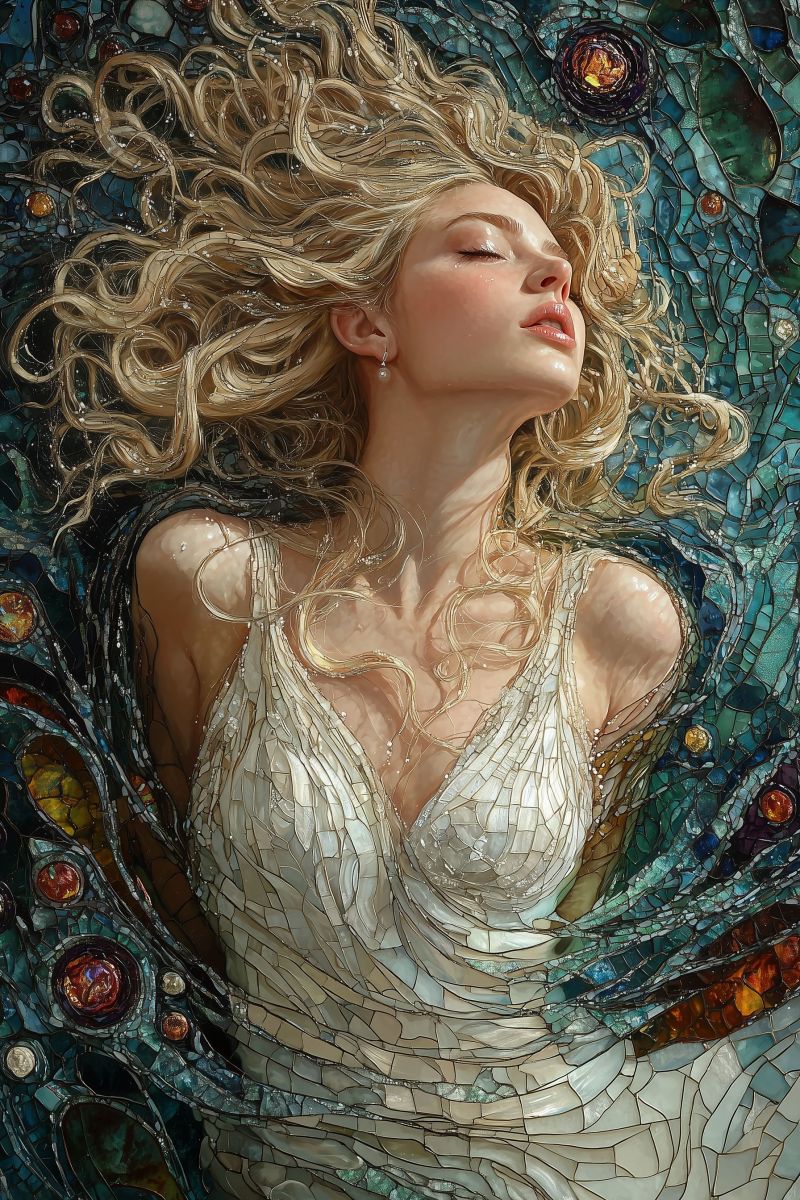 Painting mozaic cosmic godess white dress blonde curl accurate picture amazing demonstrating the mischiefs wild of human activities on la painting mozaic cosmic godess white dress blonde curl