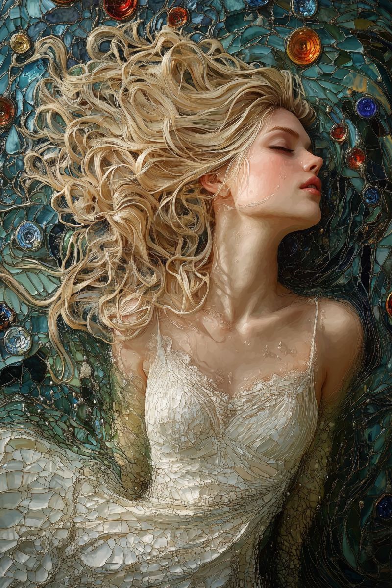 Painting mozaic cosmic godess white dress blonde curl accurate picture amazing demonstrating the mischiefs wild of human activities on la painting mozaic cosmic godess white dress blonde curl