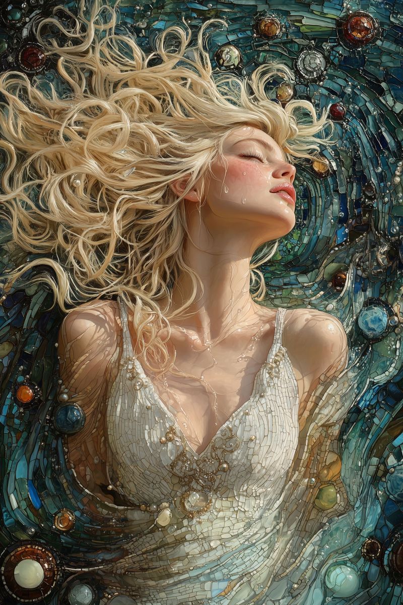 Painting mozaic cosmic godess white dress blonde curl accurate picture amazing demonstrating the mischiefs wild of human activities on la painting mozaic cosmic godess white dress blonde curl