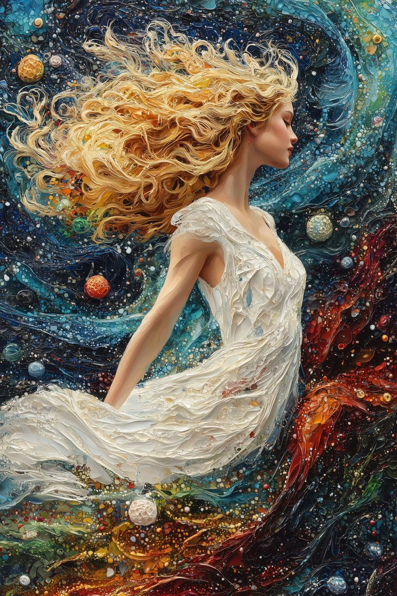 Painting mozaic cosmic godess white dress blonde curl accurate picture amazing demonstrating the mischiefs wild of human activities on la painting mozaic cosmic godess white dress blonde curl