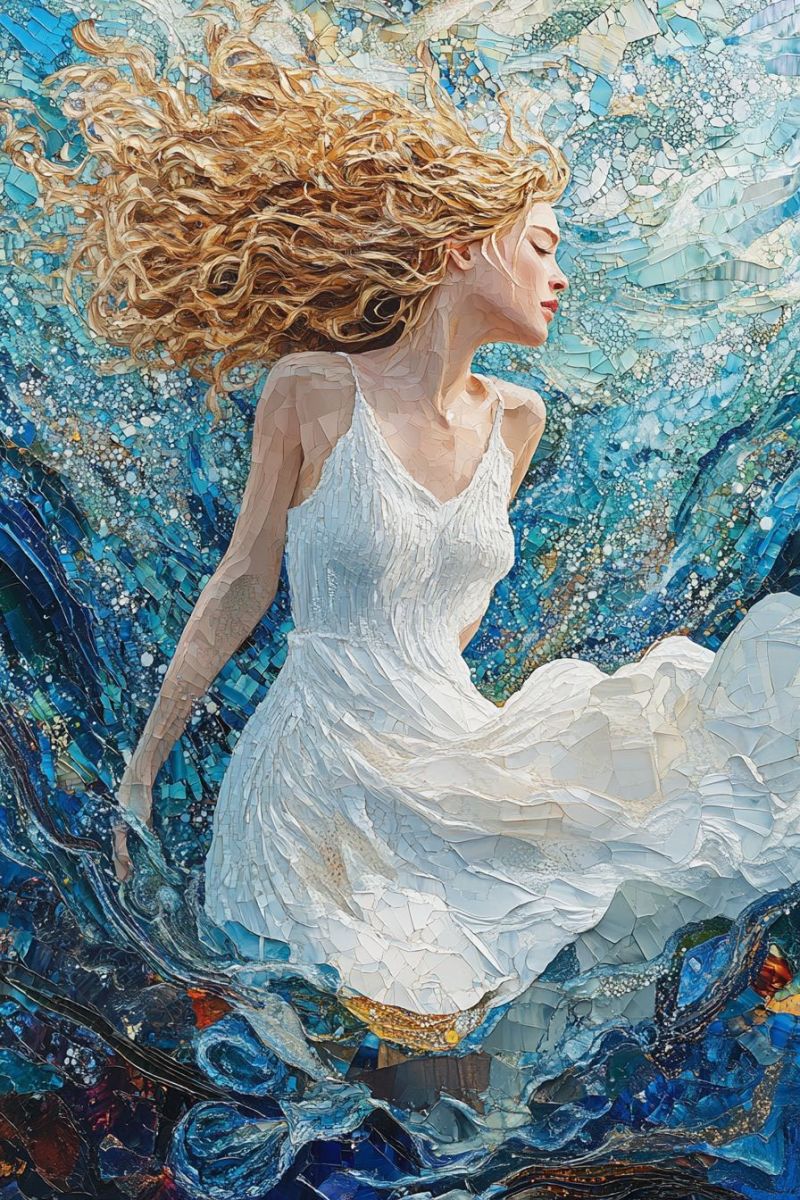 Painting mozaic cosmic godess white dress blonde curl accurate picture amazing demonstrating the mischiefs wild of human activities on la painting mozaic cosmic godess white dress blonde curl