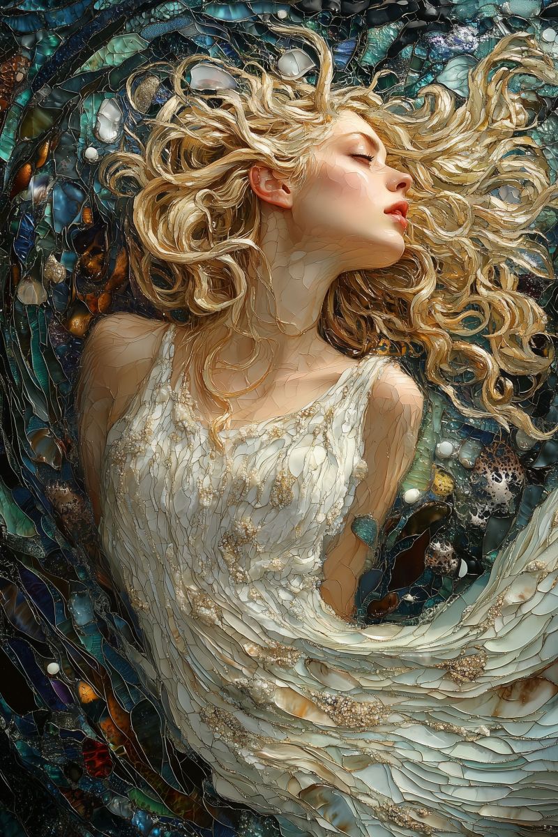 Painting mozaic cosmic godess white dress blonde curl accurate picture amazing demonstrating the mischiefs wild of human activities on la painting mozaic cosmic godess white dress blonde curl