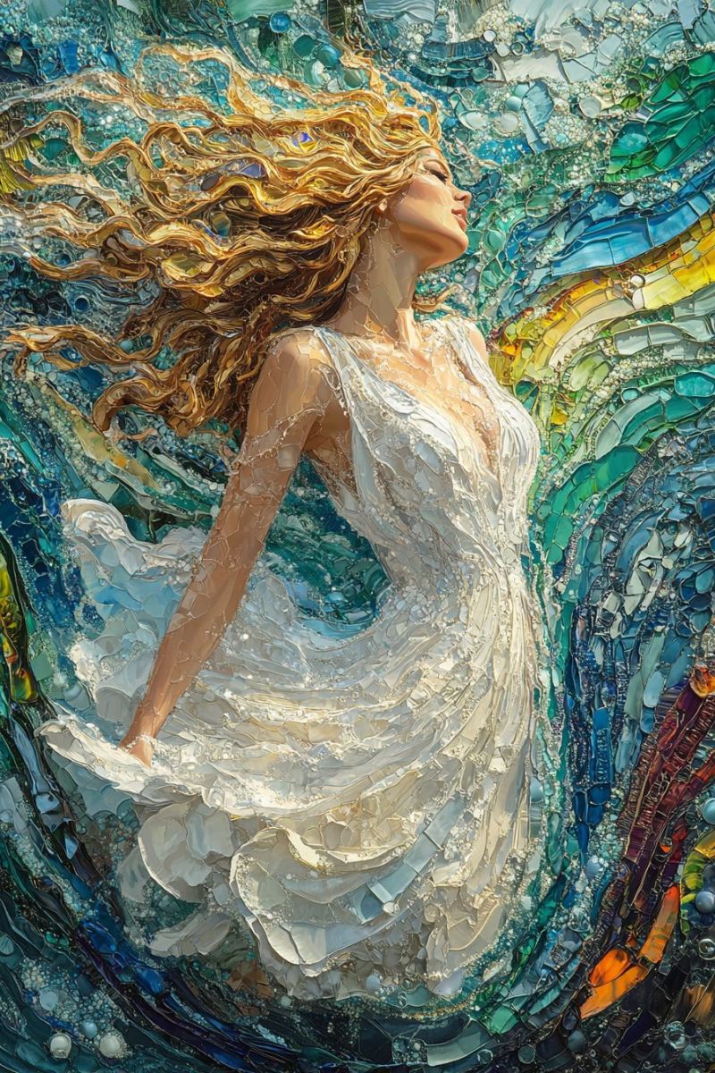 Painting mozaic cosmic godess white dress blonde curl accurate picture amazing demonstrating the mischiefs wild of human activities on la painting mozaic cosmic godess white dress blonde curl