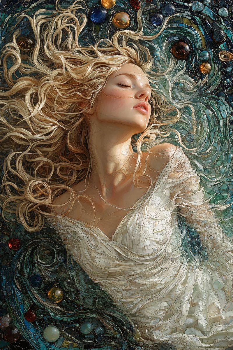 Painting mozaic cosmic godess white dress blonde curl accurate picture amazing demonstrating the mischiefs wild of human activities on la painting mozaic cosmic godess white dress blonde curl