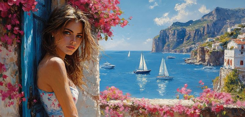 Femme jolie plage grece rivage plante fleurir pittoresque tourisme voyage rive architecture toit mediterranee nature vacances Une peinture de femme avec des cheveux longs, regardant vers l'eau avec des voiliers sur elle. Elle est positionnée face à un ciel bleu, une végétation verte et des bâtiments qui suggèrent un paysage méditerranéen. La femme a la peau pâle et paraît porter une blouse ou une robe sans manches. Son regard est orienté vers l'observateur, ce qui donne l'impression d'une communication. Des fleurs roses vibrantes entourent son visage sur le côté gauche de l'image, ajoutant un touchon de couleur à la scène. Le style général du tableau suggère qu'il pourrait être inspiré par le réalisme avec une focalisation sur des sujets romantiques ou pittoresques.