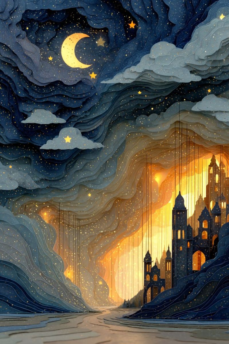 Nuit ciel lune etoiles nuages chateau architecture fantaisie reve imagination creativite lumineux ethere Un ciel nocturne fantastique avec une lune croissante et des étoiles scintillantes sur un fond bleu profond. Le ciel est orné de nuages superposés et texturés qui donnent un sentiment de profondeur. Au premier plan, un chemin lumineux mène à une série de châteaux et de tours, leurs fenêtres illuminées d'une lumière chaude et dorée. L'architecture est complexe, avec des flèches et des tourelles s'élevant vers le ciel. La scène est baignée d'une lumière douce et éthérée, créant une atmosphère magique et enchanteresse.
