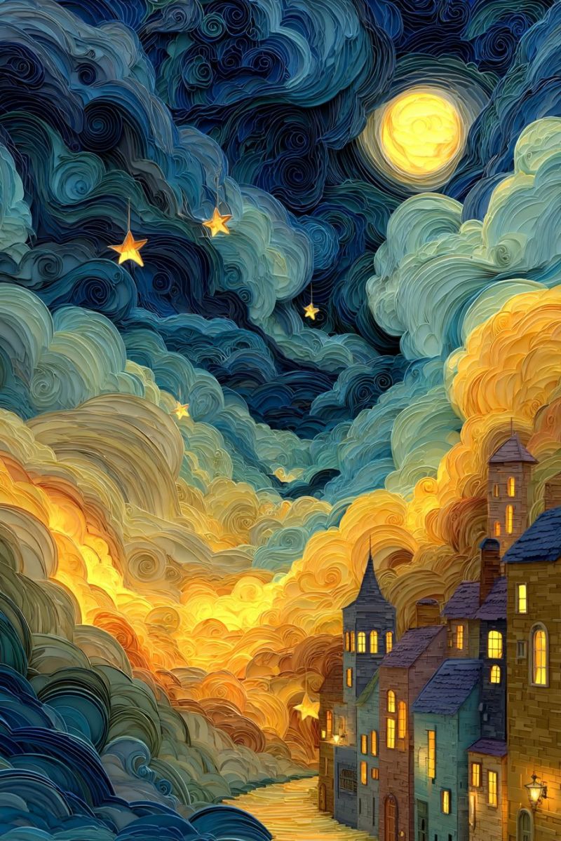 Nuit ciel etoiles nuages lune maisons batiments architecture ville imagination fantaisie reves texture profondeur perspective L'oeuvre d'art représente un ciel de nuit vibrant rempli de nuages tourbillonnants dans des nuances de bleu, jaune et orange. Une pleine lune brillante illumine la scène, projetant une douce lueur sur le paysage. Des étoiles sont dispersées dans le ciel, ajoutant à la beauté céleste. Sous le ciel, une petite ville est nichée parmi les nuages, avec des bâtiments de diverses couleurs et styles architecturaux. Certains bâtiments ont des fenêtres qui brillent chaleureusement, suggérant qu'ils sont éclairés de l'intérieur. La ville est située le long d'une rivière sinueuse qui reflète les couleurs du ciel, créant une atmosphère sereine et magique