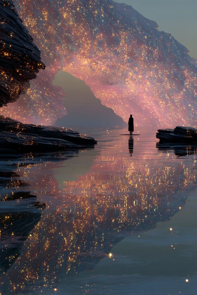 Nuit eau reflet obscurite debout seule plage mer ocean vagues rochers montagne ciel etoiles lueur feux artifice fantaisie Au centre de l'image, une personne se tient sur une étendue d'eau calme, peut-être un lac ou une mer, sous un vaste arc lumineux. L'arc est fait d'une structure rocheuse et cristalline qui émet une lumière douce et chaude, avec des teintes de rose et d'or. L'eau reflète la lumière de l'arc, créant un effet scintillant. Le ciel au-dessus est d'un bleu profond, passant à un bleu plus clair à mesure qu'il s'éloigne de l'arc. La personne est vêtue de vêtements sombres, debout immobile et face à l'arc. La zone environnante est sombre, seule la lumière de l'arc illuminant la scène.