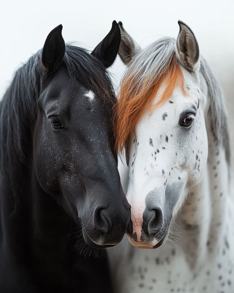 Cheval animal compagnie amitie gros taches criniere oreille nez oeil nature faune equide mammifere comportement interaction Deux chevaux se tiennent près l'un de l'autre, leurs têtes se touchant. Le cheval à gauche est noir avec une tache blanche sur le front. Le cheval à droite est blanc avec des taches noires et a une crinière brun-rouge. Les deux chevaux ont les yeux fermés et leurs oreilles pointent vers le haut. L'arrière-plan est flou, suggérant qu'ils sont dans un champ ouvert.