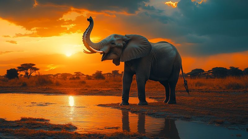 Coucher soleil safari elephant afrique faune nature crepuscule horizon savane ciel ombre calme serein soiree zebre girafe tourisme voyage parc nationa Scène paysagère extérieure pittoresque. Elle semble être une photographie de paysage montrant un massif montagneux avec des arbres et un ciel clair au-dessus. En primer plan, il y a une construction avec un toit platonique qui pourrait être un lodge de ski ou une cabane dans le contexte environnemental entouré. La zone centrale montre une vallée calme avec des montagnes en arrière-plan sous un ciel bleu. Il y a également un champ vert qui se détache par rapport à la verdure des arbres. À droite de l'image, il y a une petite construction qui pourrait faire partie du même complexe ou une structure indépendante. Le luminosité suggère qu'il est soit le crépuscule, soit l'aube, dans ce cas, les teintes chaudes du ciel. L'ensemble de l'environnement transmet un sentiment de paix et de beauté naturelle.