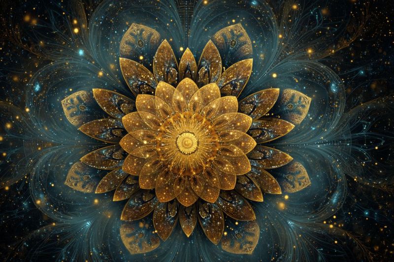 Fleur bleu brillant complexe design fractal geometrique eclat dore petales espace Grande fleur dorée complexe au centre, entourée d'un motif tourbillonnant complexe de bleu et d'or. La fleur a plusieurs couches de pétales, chacun détaillé avec une teinte dorée et des motifs complexes. Les pétales sont légèrement recourbés, donnant à la fleur une apparence tridimensionnelle. Le fond est d'un bleu profond, orné de plus petits éléments dorés et bleus qui ressemblent à des étoiles ou des galaxies. L'effet global est celui d'une scène mystique et d'un autre monde, avec la fleur dorée se détachant comme un point focal contre le fond sombre, semblable à l'espace.