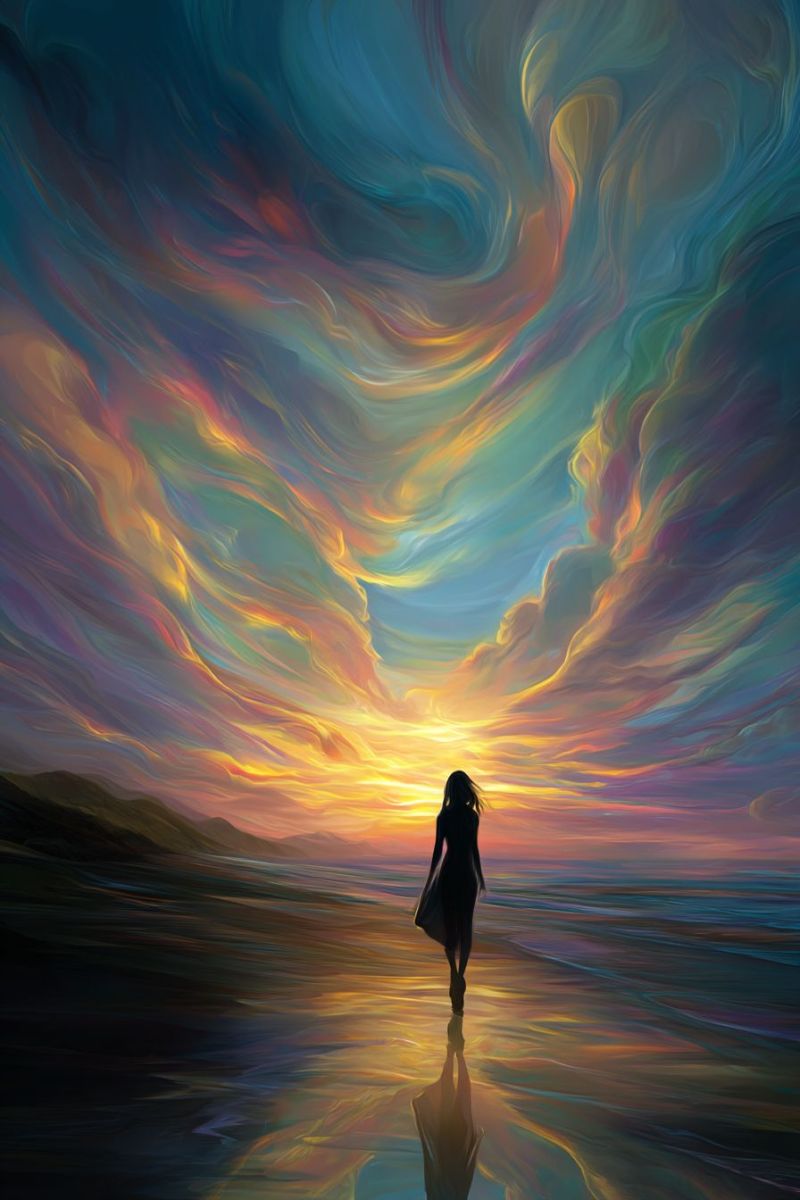 Coucher soleil plage reflet eau ciel nuages nature horizon vagues humeur emotion inspiration Au premier plan, une femme solitaire se tient sur une plage, sa silhouette délimitée contre le fond d'un coucher de soleil vibrant. Le ciel au-dessus est un mélange fascinant de bleus profonds, d'oranges ardentes et de roses doux, tourbillonnant dans un motif abstrait, presque onirique. La ligne d'horizon est marquée par une silhouette lointaine de montagnes, ajoutant de la profondeur à la scène. L'eau à ses pieds reflète les couleurs du ciel, créant un effet scintillant. L'ambiance générale de l'image est sereine et contemplative, la femme semblant perdue dans ses pensées alors qu'elle regarde vers le soleil couchant.
