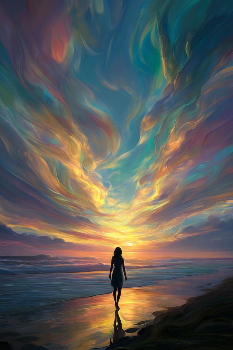 Coucher soleil plage femme reflet ocean ciel nuages nature soiree vagues horizon ambiance Une silhouette de femme se tient seule sur une plage au coucher du soleil. Le ciel au-dessus est un mélange vibrant de couleurs, incluant des bleus profonds, des violets, et des jaunes et oranges chauds, créant une atmosphère onirique et surréaliste. Le soleil se couche à l'horizon, projetant une lueur dorée sur l'eau et le reflet de la femme. Les vagues viennent doucement lécher le rivage, et le sable reflète les couleurs du ciel. La scène est paisible et contemplative, avec un sentiment de solitude et d'introspection.