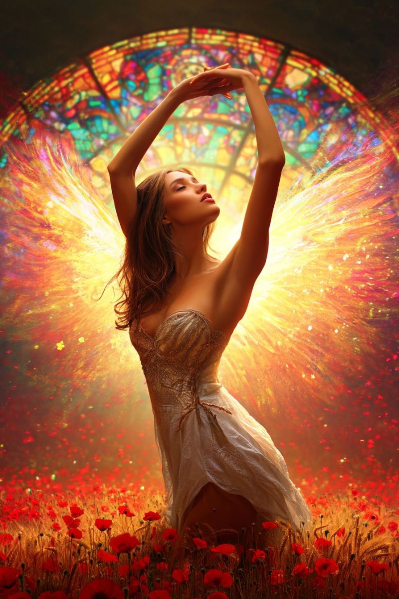 Femme ange fleurs robe fantaisie ailes beaute rouge soleil ciel cheveux coiffure coupe longueur texture Une femme aux cheveux longs est agenouillée dans un champ de coquelicots rouges, portant une robe blanche avec un corsage doré. Elle a les mains levées au-dessus de sa tête et les yeux fermés. Derrière elle, il y a une grande fenêtre en vitrail colorée avec un design circulaire, projetant une lumière chaude et multicolore sur la scène. La lumière de la fenêtre crée un effet radieux autour de la femme, renforçant l'atmosphère mystique de l'image.