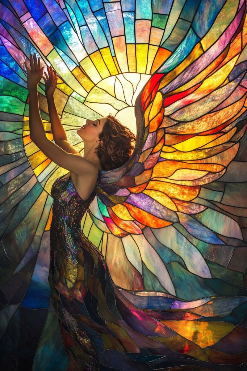 Femme ange ailes robe mosaique fantaisie inspiration beaute oeuvre creativite imagination divin vitrail Une femme se tient les bras levés, son corps partiellement obscurci par un fond de mosaïque vibrant aux couleurs multiples. La mosaïque présente un motif de rayons de soleil avec un spectre de couleurs incluant des bleus, des verts, des jaunes et des rouges. La robe de la femme reflète les couleurs de la mosaïque, s'écoulant le long de son corps. Ses cheveux bouclés tombent sur ses épaules. La scène générale est lumineuse et remplie d'un sentiment de mouvement et de lumière.