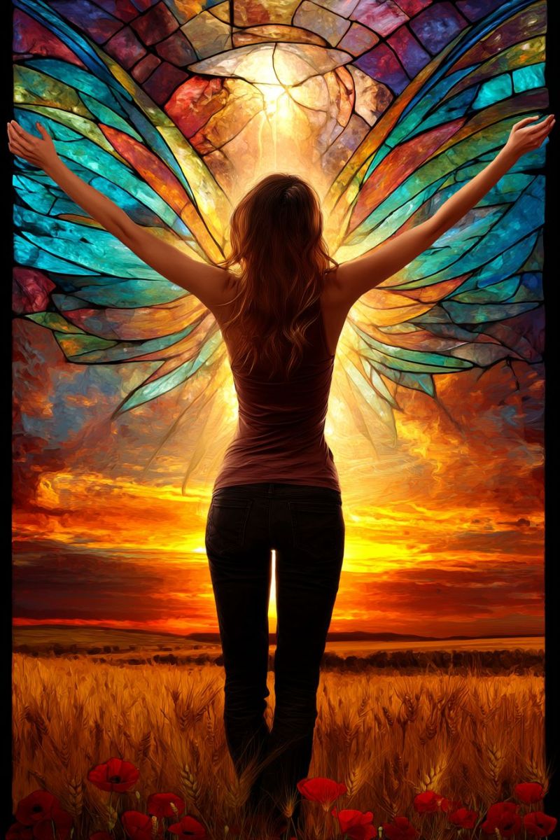 Femme ange ailes coucher soleil champ fleurs fantaisie nature beaute inspiration espoir reves imagination liberte spiritualite oeuvre Une femme se tient dans un champ de blé doré et haut avec les bras étendus. Son dos est tourné vers le spectateur, et elle a de longs cheveux flottants. Ses ailes, qui ressemblent à du vitrail, sont largement déployées derrière elle, affichant un éventail vibrant de couleurs incluant des bleus, des verts, des rouges et des jaunes. Les ailes sont détaillées avec précision, avec un mélange de formes géométriques et organiques. Le fond présente un ciel de coucher de soleil, avec des teintes d'orange, de rose et de violet se mélangeant. Le ciel est parsemé de nuages, et la ligne d'horizon est visible, suggérant un paysage vaste et ouvert. Le blé et la femme sont baignés dans la lumière chaude et dorée du soleil couchant.