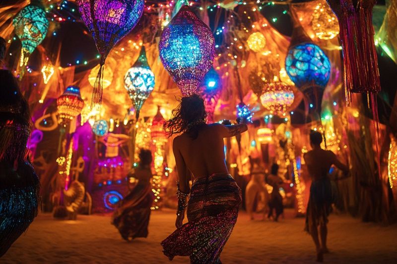 Festival indian diwali deepavali colorful lantern night market display cultural celebration illuminated decoration festively lit two individuals standing on a lush, flowered pathway surrounded by towering waterfalls. The person in the foreground is a female with long blonde hair and a white dress that flows around her like a cloud. She stands to the left, slightly behind the second individual who is not fully visible; only their back and upper body are seen. This individual also has blonde hair and wears an ethereal light-colored outfit that resembles a winged entity, as if they have wings or are wearing a costume inspired by mythology or fantasy. The background features a tranquil forest with trees that reach towards the sky, and there is a cascading waterfall to the right side of the image. The atmosphere is serene, and the lighting suggests it might be late afternoon or early evening given the warm golden hue on the horizon. The overall impression is one of romantic fantasy, capturing a moment of intimate connection between two figures set against a backdrop of natural beauty.