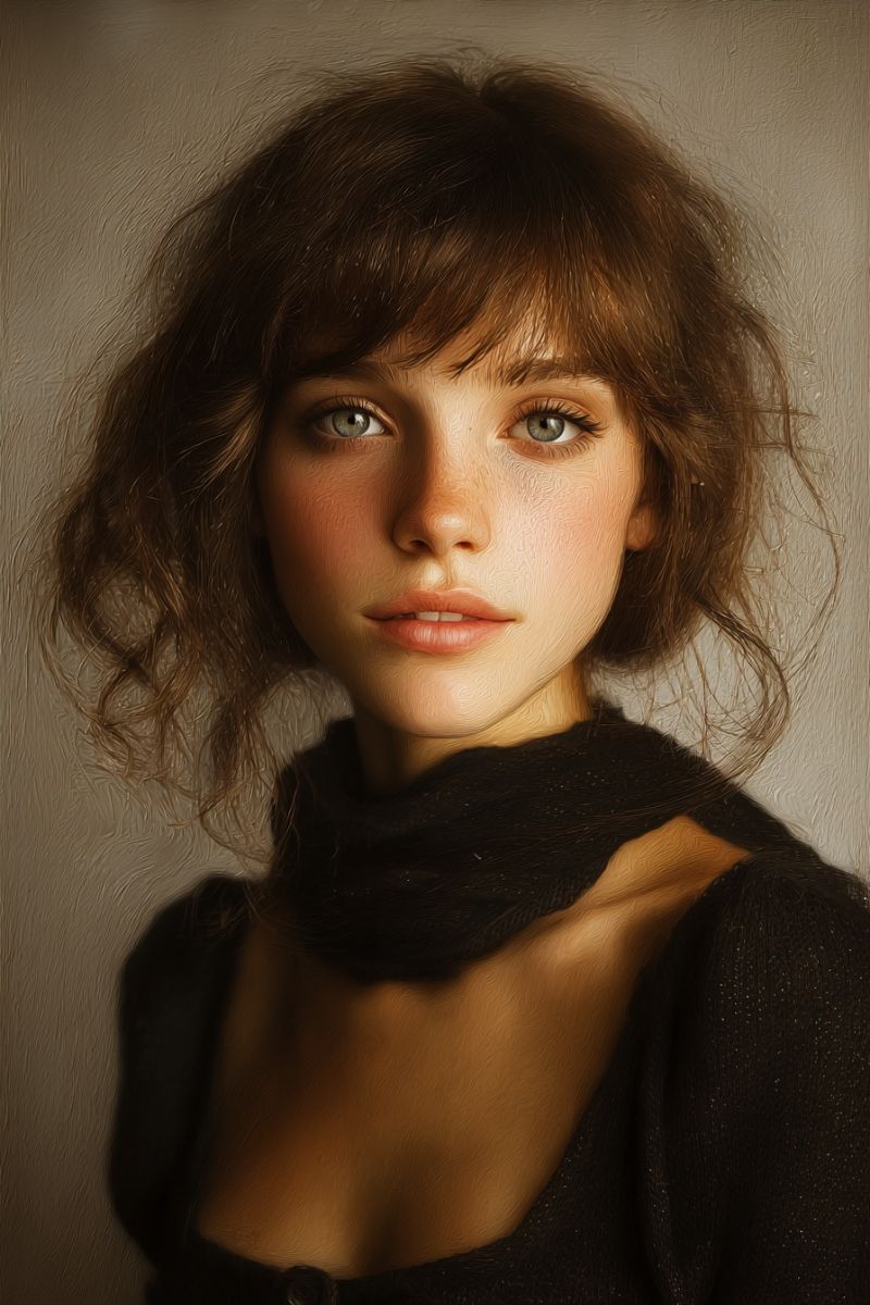 Femme foulard yeux peau realisme beaute expression humeur emotion Un portrait d'une femme aux cheveux bruns courts et ondulés avec une expression sérieuse. Elle a des yeux brun clair et une bouche légèrement ouverte. Elle porte un haut noir et un foulard noir autour de son cou. Le fond est un mur beige clair avec une apparence légèrement texturée. Les cheveux de la femme sont légèrement ébouriffés, et sa peau a un teint naturel légèrement rosé.