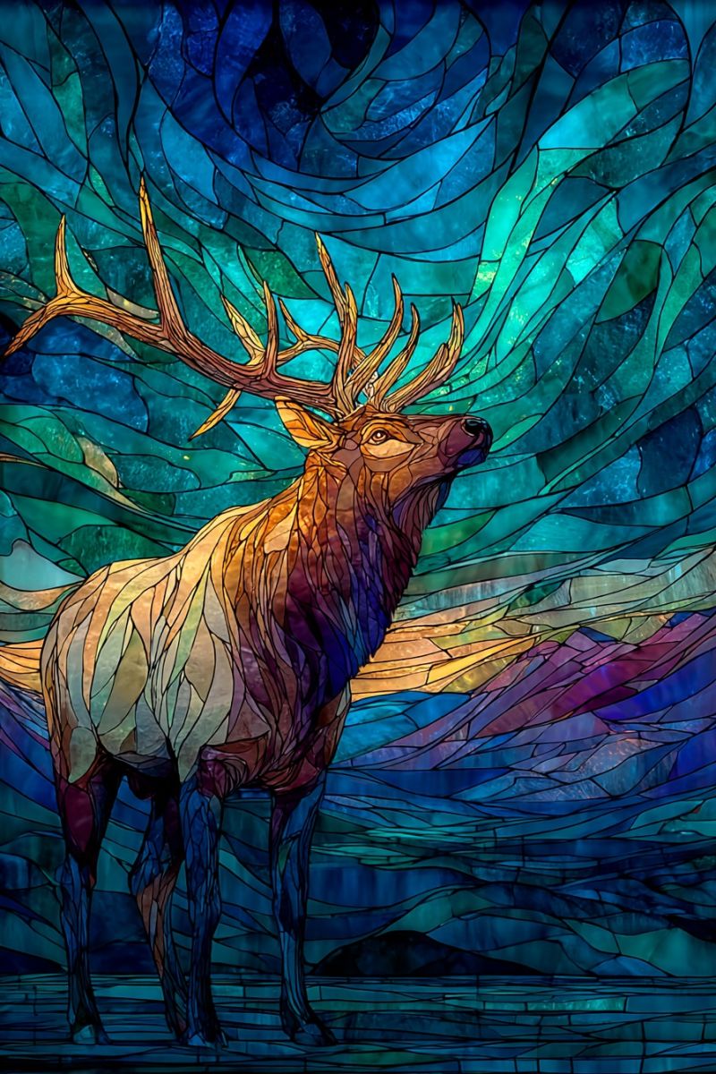 Cerf wapiti animal faune nature mosaique montagnes ciel foret automne fantaisie mythique vitrail Un majestueux orignal se dresse dans un paysage vibrant et coloré. L'orignal a un pelage brun doré avec un ventre blanc, et ses bois sont grands et ramifiés, ajoutant à son apparence royale. Le fond est un magnifique mosaïque de teintes bleues, vertes et violettes, créant un motif dynamique et fluide qui ressemble à des vagues ou à un ciel tourbillonnant. La tête de l'orignal est tournée vers le haut, comme s'il regardait le ciel ou écoutait attentivement. L'effet global est celui d'une beauté naturelle et d'un artisanat artistique, l'orignal se détachant sur le fond coloré.