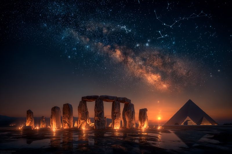 Stonehenge pyramide etoiles ancienne architecture desert reflexion feu eau horizon montagnes coucher soleil astronomie histoire culture nuit ciel voie Un grand cercle de pierres, rappelant Stonehenge, se dresse de manière proéminente au premier plan. Les pierres sont illuminées par des lumières chaudes et vacillantes, projetant de longues ombres sur le sol. Le ciel au-dessus est d'un bleu profond et sombre, rempli d'innombrables étoiles et constellations, créant un spectacle céleste fascinant. La Voie Lactée s'étend à travers le ciel, ajoutant à la beauté éthérée de la nuit. Au loin, une structure en forme de pyramide est visible, sa silhouette contrastant avec l'horizon lumineux. La scène se déroule sur fond d'un corps d'eau serein et réfléchissant, avec les montagnes lointaines ajoutant à l'atmosphère tranquille.