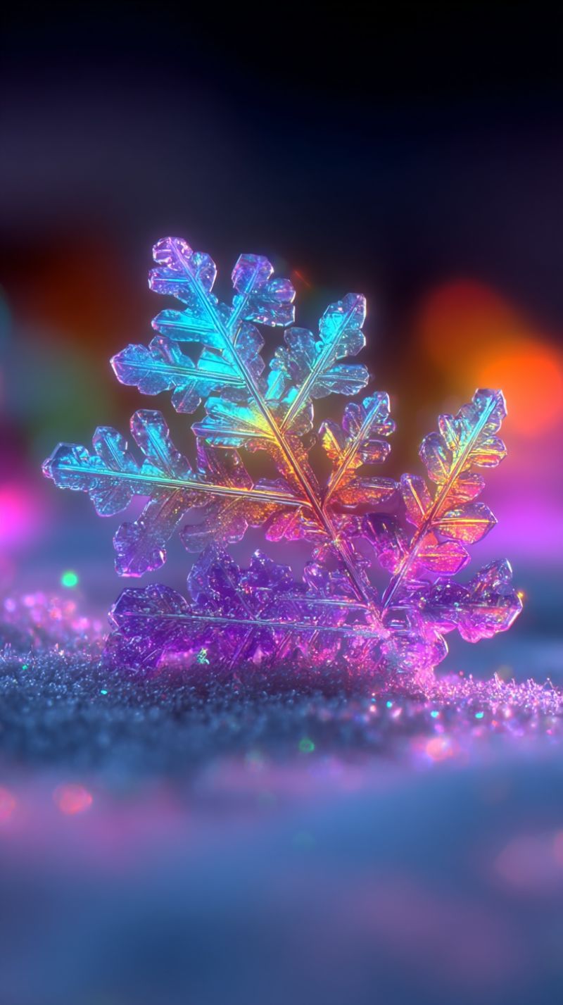 Flocon neige cristal glace froid hiver gel nature reflexion texture etincelle magie beaute microscope science education exploration Un gros plan d'un seul flocon de neige avec des structures cristallines complexes. Le flocon de neige est illuminé par une douce lumière multicolore, projetant un arc-en-ciel de teintes sur sa surface. Le fond est un dégradé de bleus et de violets profonds, avec des touches de vert et de rose, créant une atmosphère onirique et éthérée. Les branches et les pointes délicates du flocon de neige sont mises en valeur, mettant en avant sa beauté naturelle et sa complexité.
