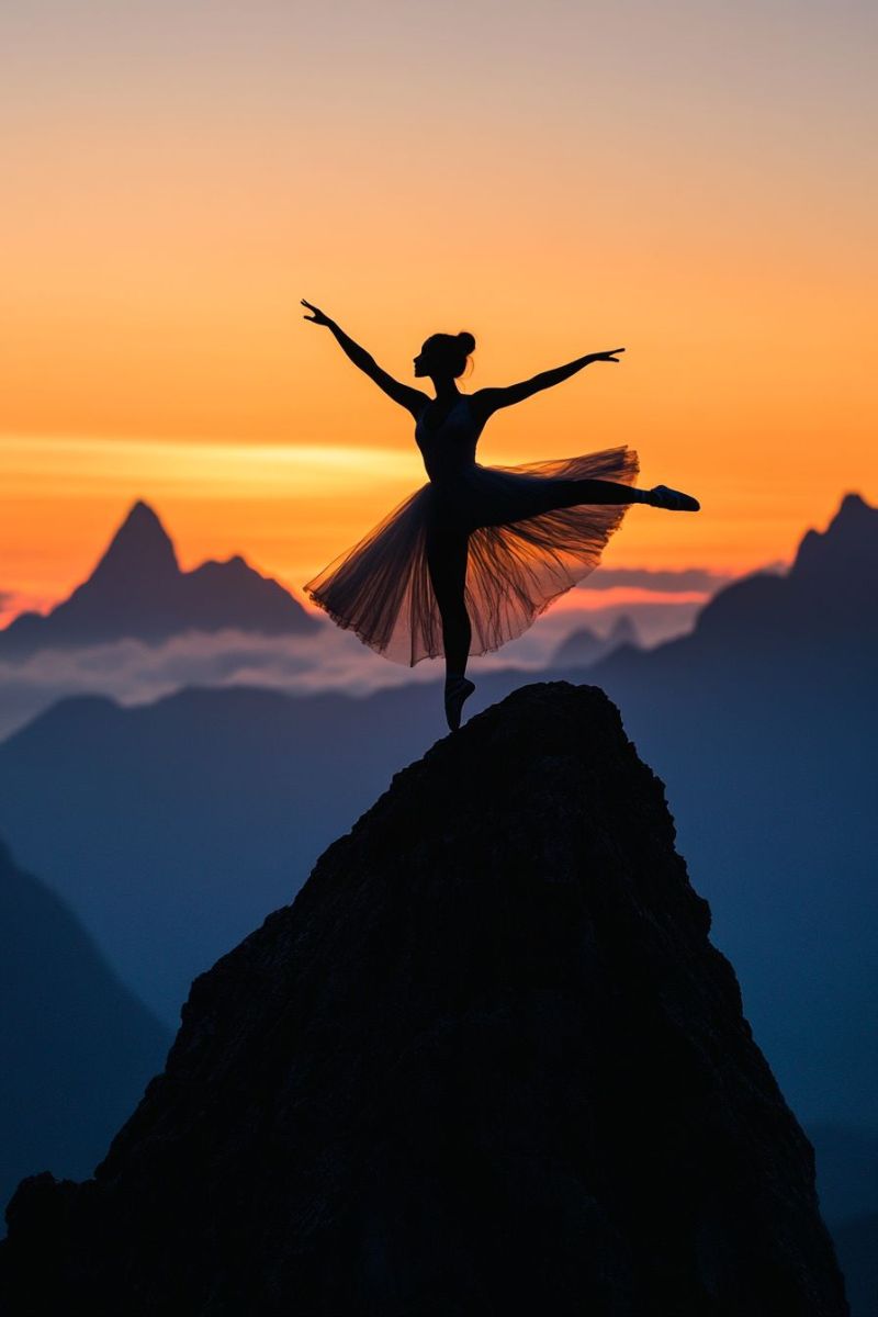 Danseuse ballet coucher soleil montagneux pois air crepuscule soiree spectacle elegante sommet montagne Un groupe de figures silhouetées dansent et jouent des instruments à gauche. Elles sont placées contre un fond vif et couleurs qui varient du orange chaud au jaune vers le haut et vers le bleu froid en bas, suggérant une thèse d'aurore ou de coucher du soleil. La figure centrale semble tenir ses bras levés dans un geste de célébration ou de joie. À droite de l'image, il y a un grand globe jaune brillant qui ressemble au soleil, éclairant la scène et projetant des ombres sur les figures. L'ensemble du style de l'image est abstrait, axé sur le coloris et le mouvement.