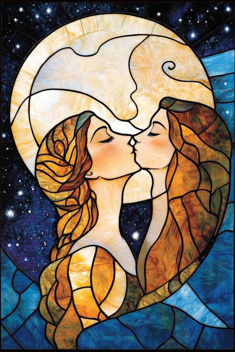 Verre lune etoiles deux femmes croix celtique traditionnel main religieux sacree chretien panneau fenetre coloree ciel nocturne corps celestes L'oeuvre d'art en verre coloré représentant deux femmes. L'une est positionnée derrière l'autre, leurs profiles se fondant comme si elles regardaient chacune l'autre à travers un miroir. Elles ont des cheveux longs et ondulés et sont ornées de ce qui ressemble à des couronnes célestes ou chapeaux, suggérant un thème ciel ou cosmos. La femme en avant-plan penche légèrement vers l'avant, ses lèvres touchant ou se rapprochant des lèvres de la femme derrière elles. Leurs regards sont dirigés vers le regardeur, créant une connexion intime et émotionnelle. Elles portent un vêtement orné d'un motif complexe qui pourrait être interprété comme des étoiles ou autres éléments célestes. Le fond de l'image montre un ciel illuminé de lune plein d'étoiles, renforçant le sentiment éthéréal et magique de l'oeuvre. Les couleurs dans le verre sont variées, avec des bleus, des pourpres, des jaunes et des ors dominants, contribuant à un atmosphère rêveuse et calme. Des éléments décoratifs qui ressemblent aux feuilles ou à la végétation sont placés sur les deux côtés des figures, frappant le centre des figures et ajoutant de la profondeur à la composition. Le style général de l'oeuvre est semblable aux vitraux traditionnels en verre coloré trouvés dans les églises ou les cathédrales, caractérisés par leurs détails complexes et l'utilisation du verre coloré pour créer des contrastes entre les panneaux.
